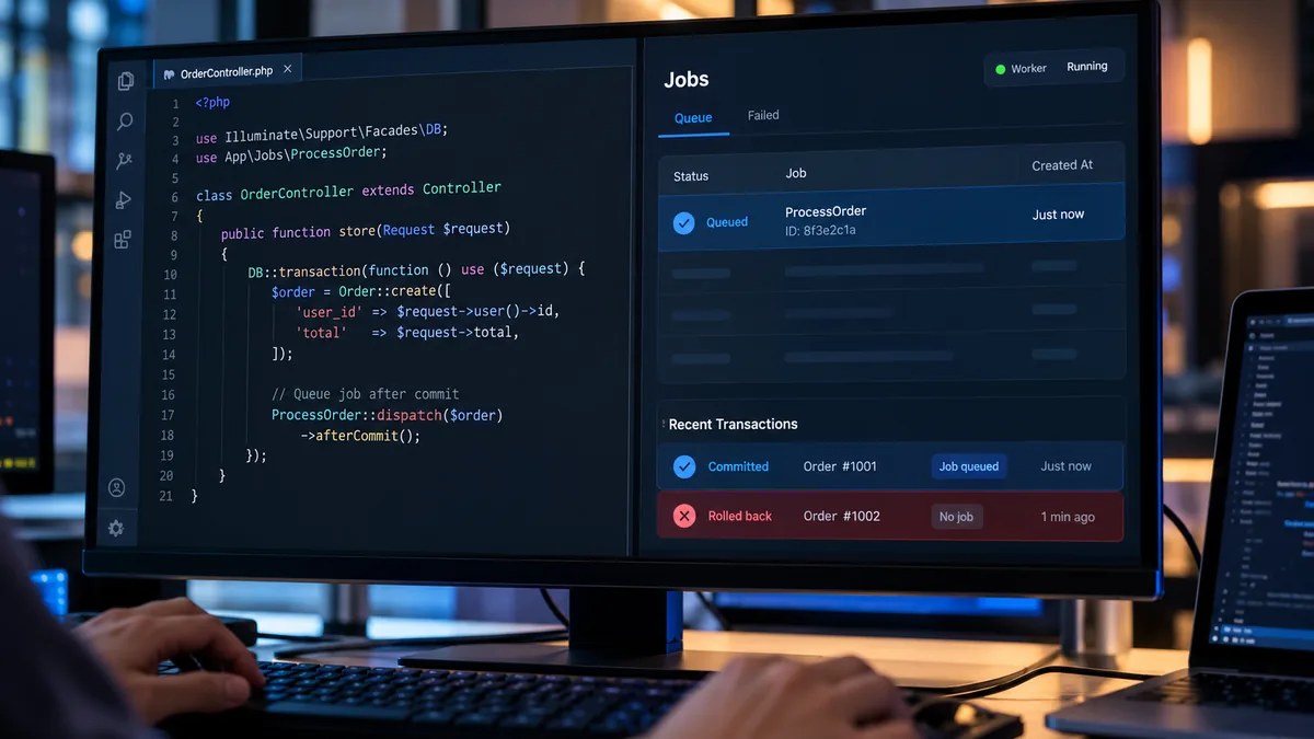 Laravel Queues: اختبر afterCommit مع نجاح المعاملة والتراجع