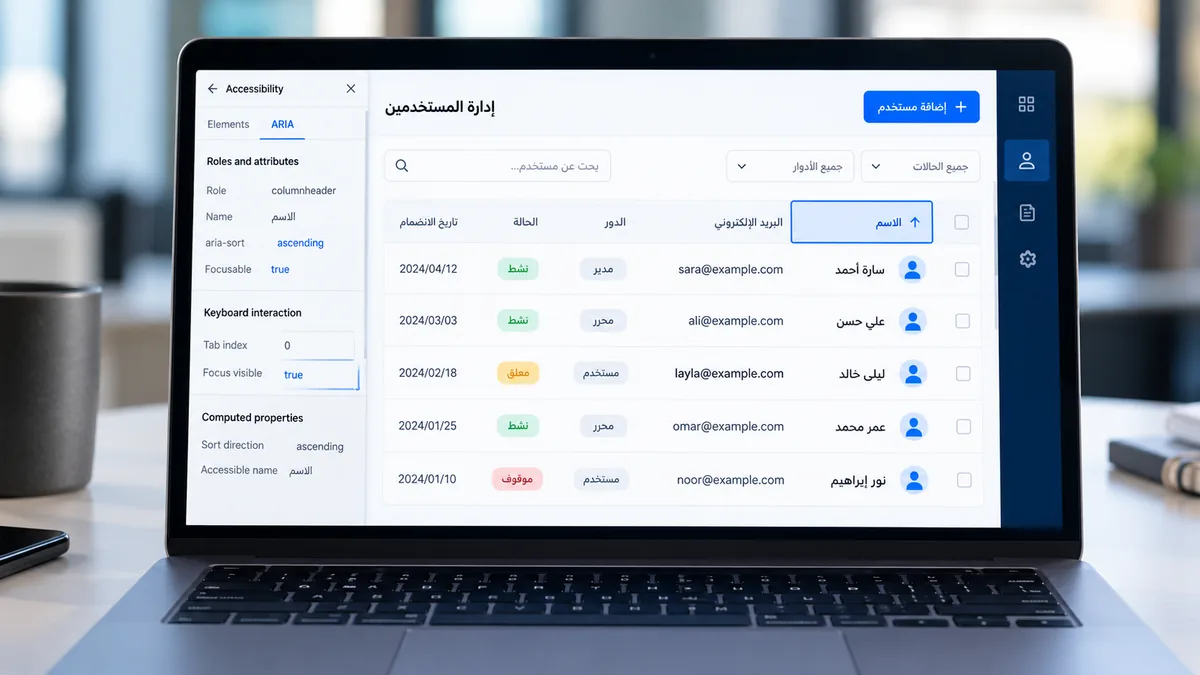 فرز جداول لوحة التحكم: اختبار واضح للوحة المفاتيح وقارئ الشاشة