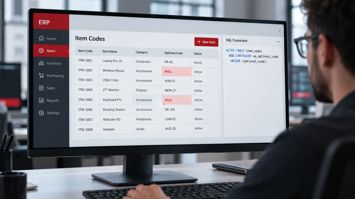 كود اختياري في ERP: لماذا يسمح UNIQUE بأكثر من NULL؟