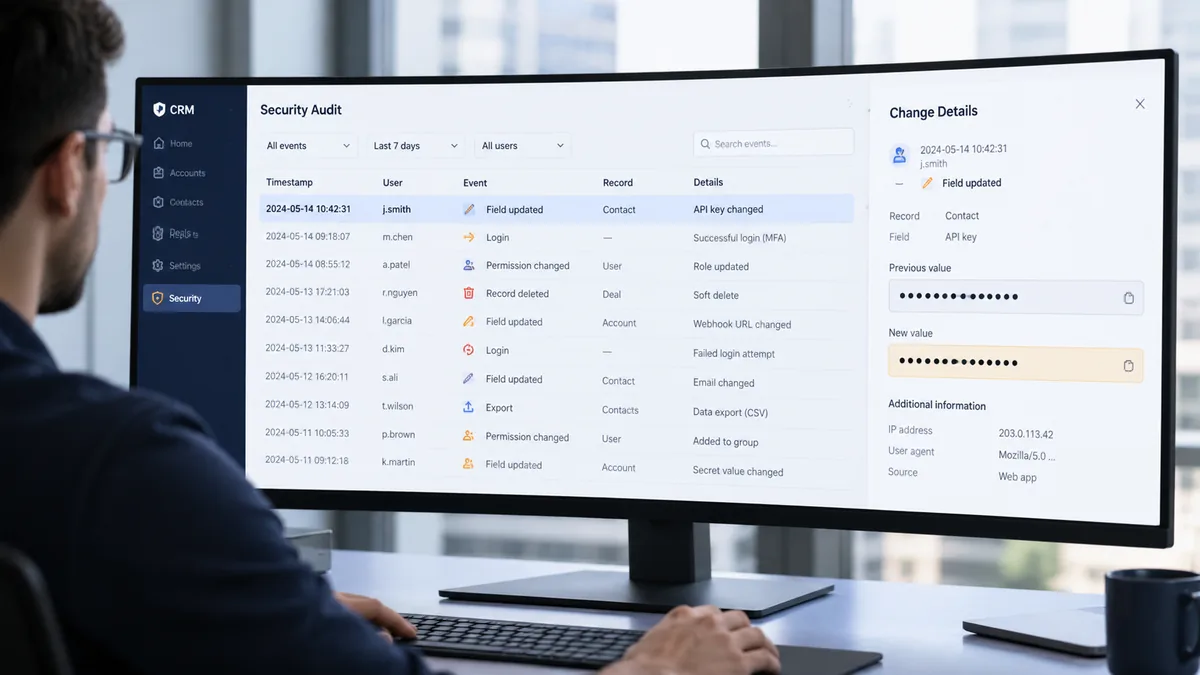 سجل تدقيق CRM: تتبع التغيير دون نسخ الأسرار